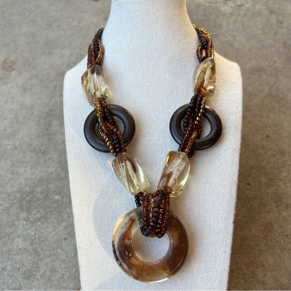 Signed CG Goldstone Thermoset Seed Bead Necklace w Wood Accents CHUNKY 1960s